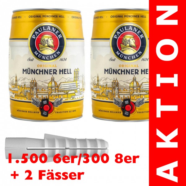 1.500 6er / 300 8er + 2 Partyfässer PAULANER Münchner Hell á 5 Liter