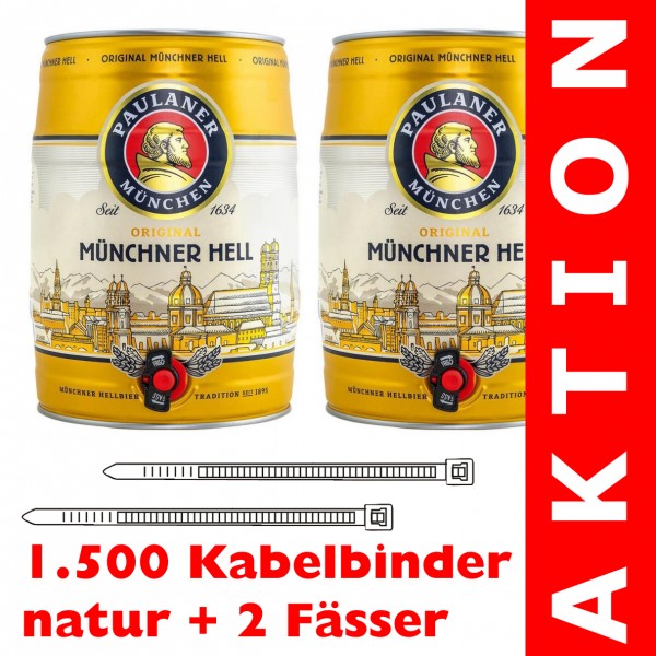 1.500 Kabelbinder natur + 2 Partyfässer PAULANER Münchner Hell á 5 Liter