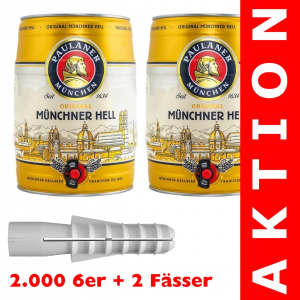 2.000 6er + 2 Partyfässer PAULANER Münchner Hell á 5 Liter
