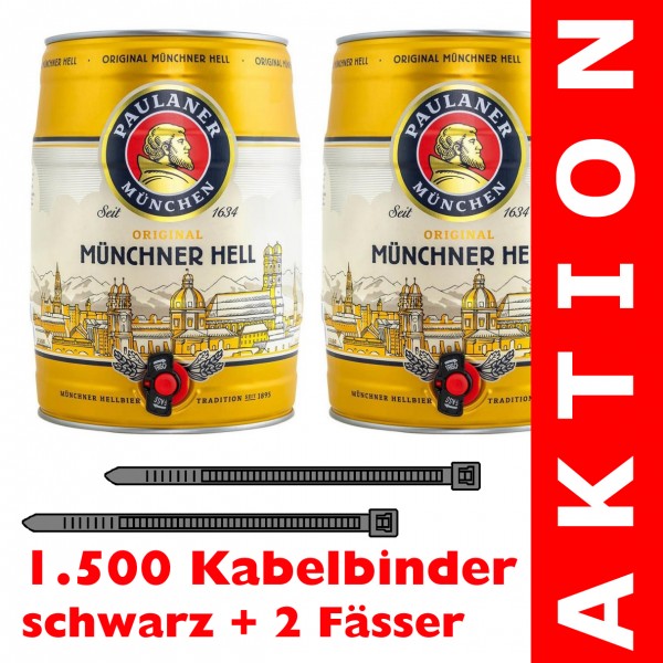 1.500 Kabelbinder schwarz + 2 Partyfässer PAULANER Münchner Hell á 5 Liter